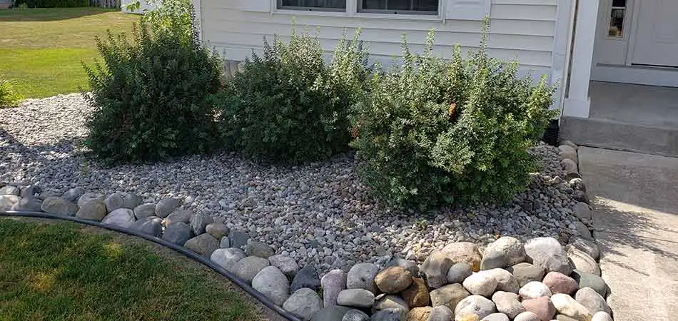 Small river rocks accompanying larger ones in a Midland landscape bed.